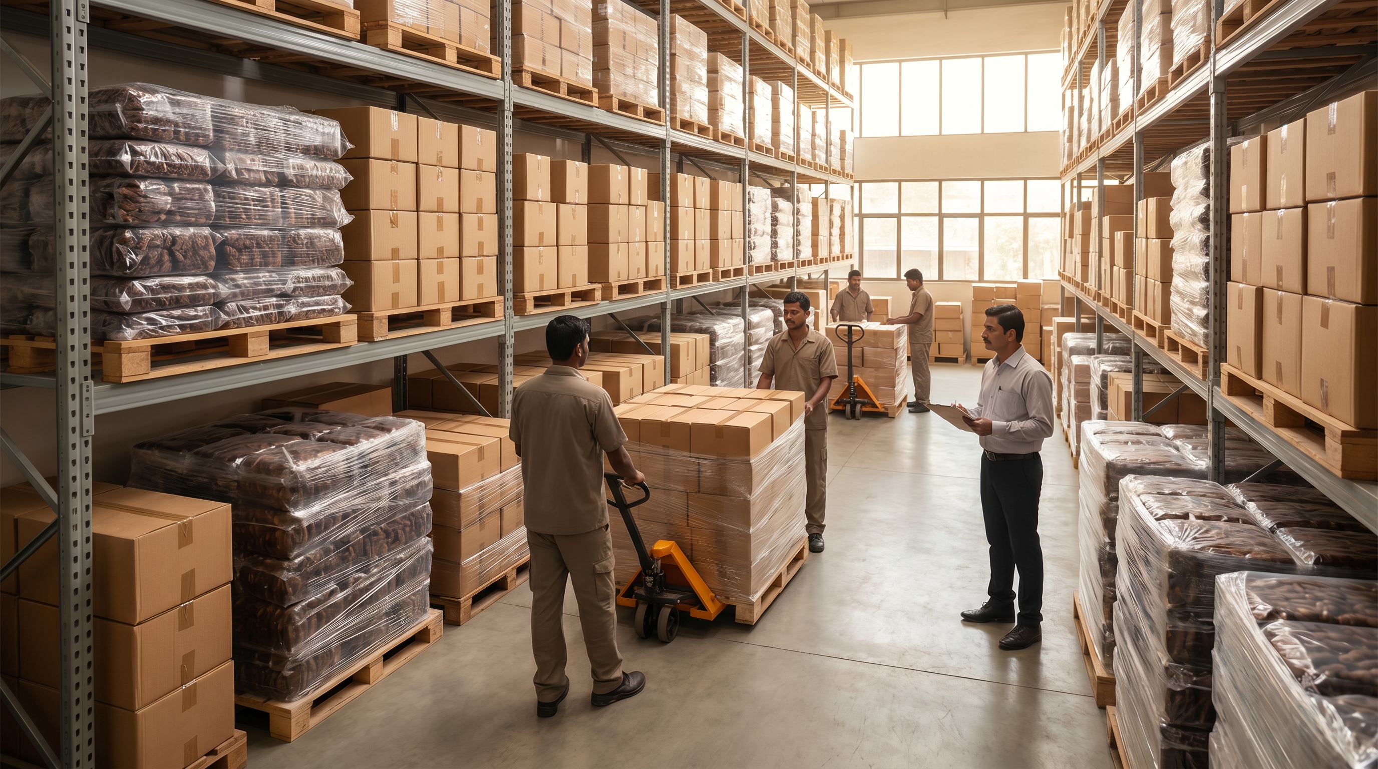 Packed cartons and bulk tamarind lots in a wholesale warehouse